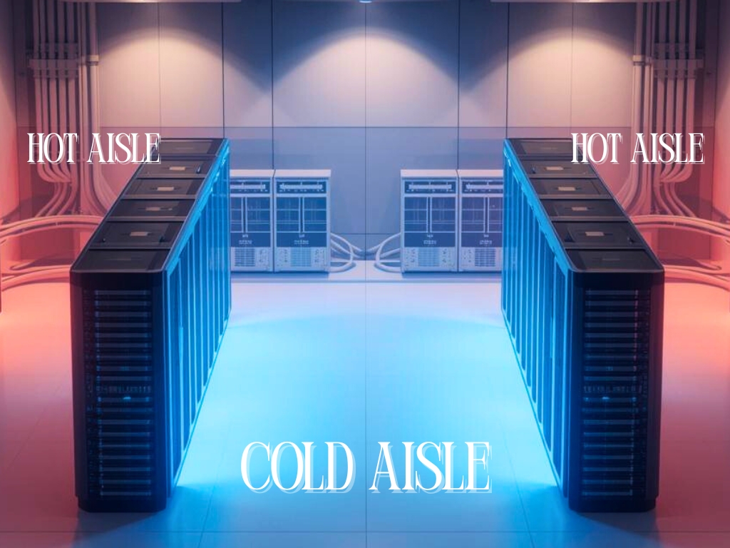 Isometric view mini data center dengan dua baris rack server facing each other, cold aisle biru di tengah dan hot aisle merah di belakang