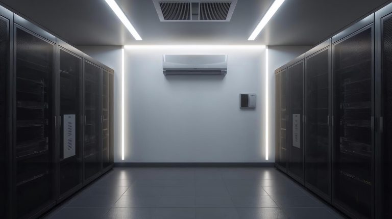 Mini data center dengan rack server dan perangkat jaringan dalam ruang server berukuran kecil