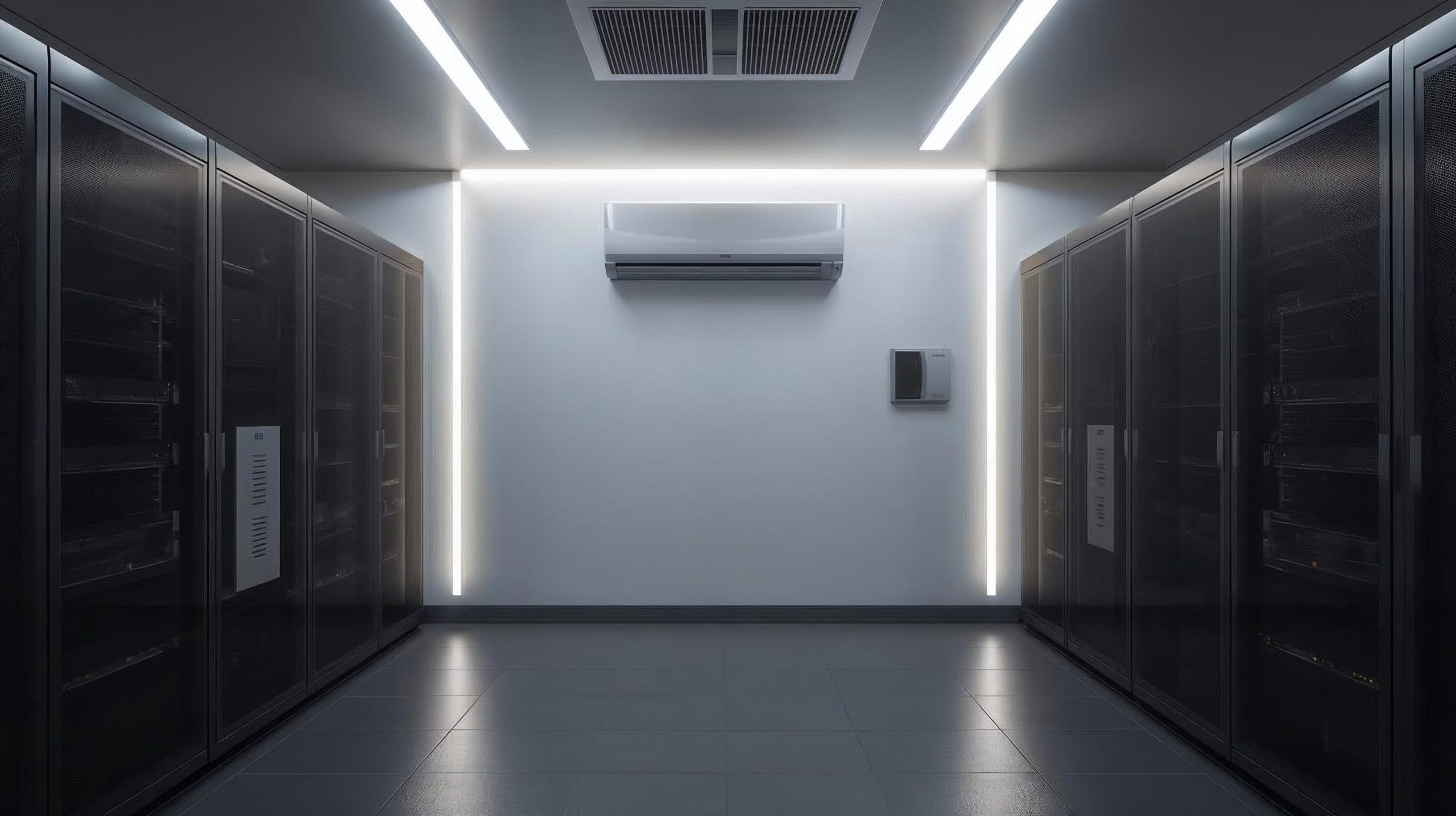 Mini data center dengan rack server dan perangkat jaringan dalam ruang server berukuran kecil