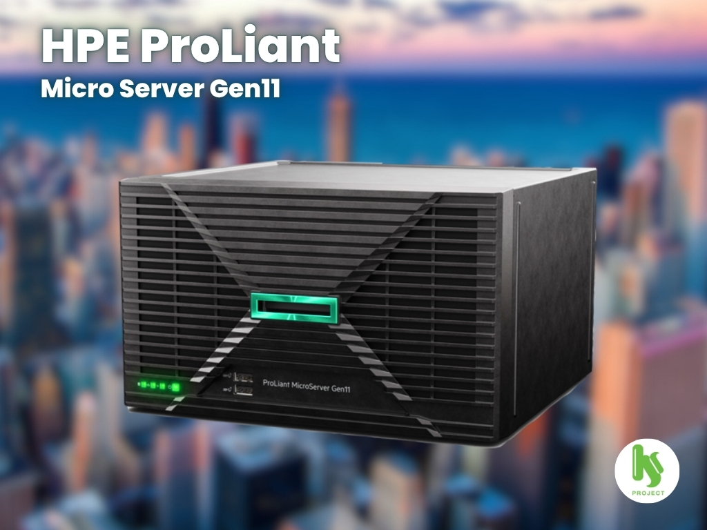 HPE ProLiant MicroServer sebagai server entry level untuk bisnis kecil dengan desain compact dan logo KJSPRO di sudut gambar