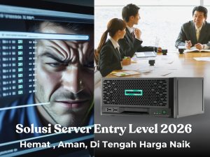 Ilustrasi perbandingan kantor dengan data berantakan dan solusi server entry level yang rapi menggunakan server kecil untuk bisnis