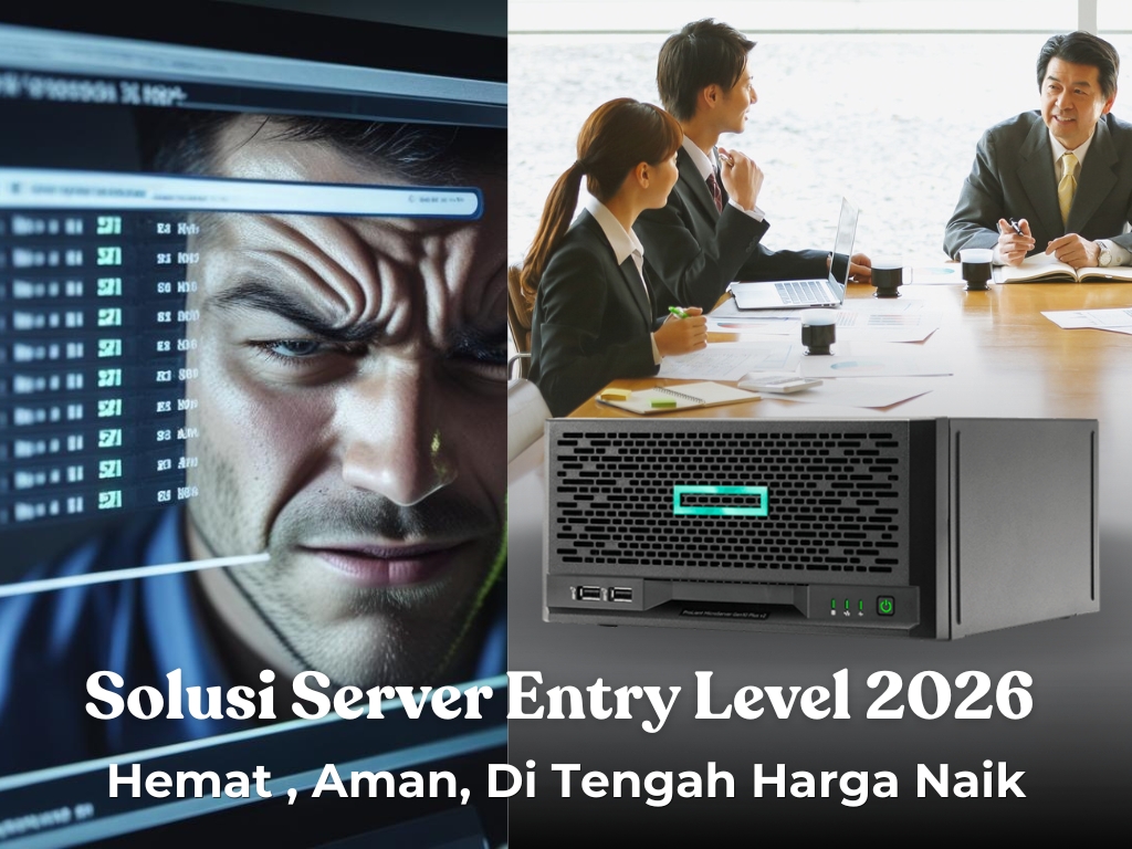 Ilustrasi perbandingan kantor dengan data berantakan dan solusi server entry level yang rapi menggunakan server kecil untuk bisnis